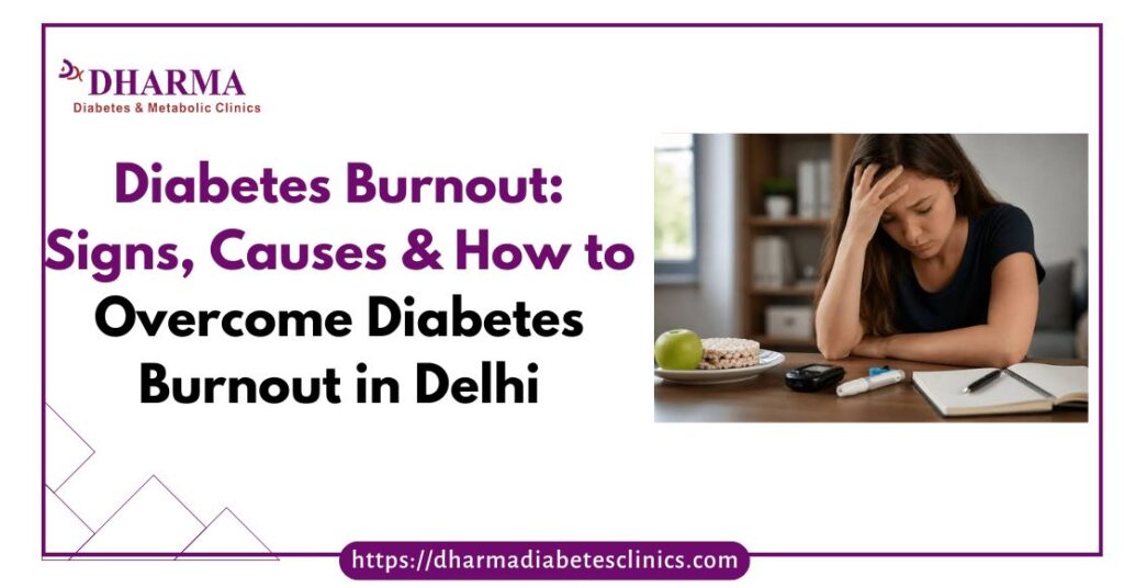 Diabetes burnout symptoms in an adult managing blood sugar with a glucometer and insulin pen, highlighting the signs, causes, and ways to overcome diabetes burnout.