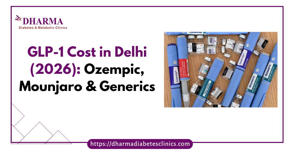 GLP-1 cost in Delhi 2026 showing Ozempic, Mounjaro, and generic semaglutide prices for weight loss and Type 2 diabetes treatment