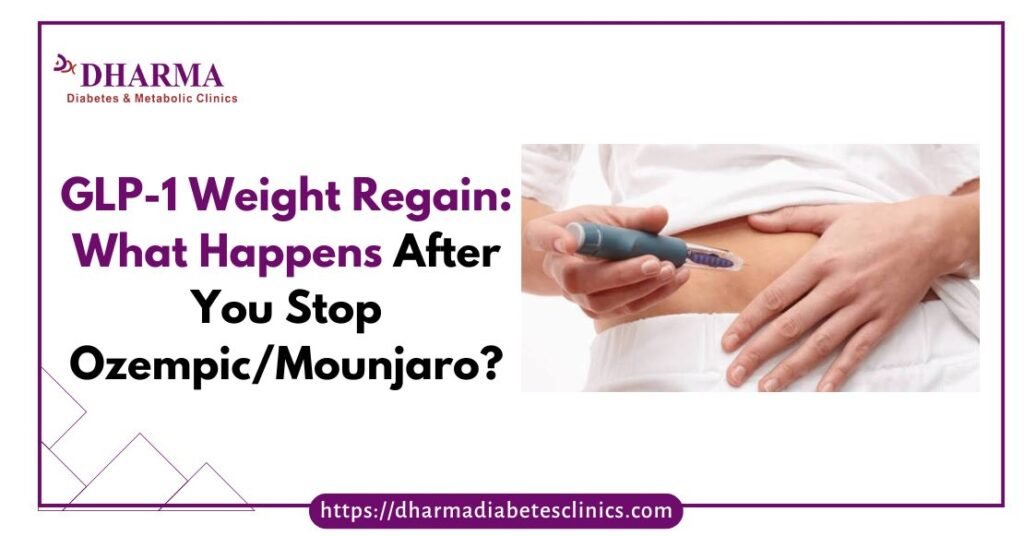 GLP-1 weight regain after stopping Ozempic or Mounjaro showing semaglutide injection and explaining why weight returns, increased appetite, and how to prevent weight regain after GLP-1 therapy.